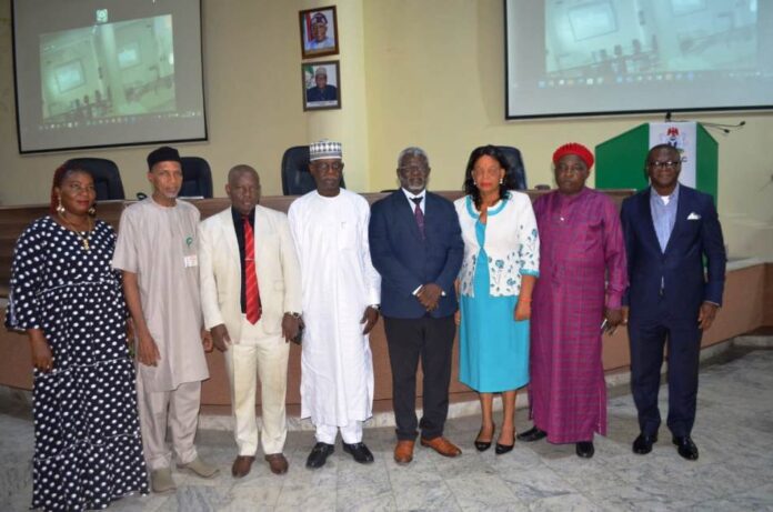 African Conference On Climate Justice 4th from L: Representative of RMAFC Chairman, Hon. Ismail Mohammed Agaka; 3rd L: Prof Ignatius Onimawo, Pro Chancellor, Federal University of Technology, Babura, Jigawa State; 5th L: Prof. Nnamdi Nwaodu, DG CAARS; 7th L: HRH, Eze Dr. Okechukwu Izim; 1st L: Dr. Nwarieji Felistas, Center for Circular Economy Technology Education amongst others at the First African Conference on Climate Justice held at RMAFC HQ, Abuja.