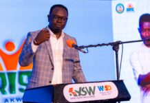 The Honourable Minister, Federal Ministry of Youth Development, Comrade Ayodele Olawande, delivering his keynote address at the opening of ARISE Youth Skills Week 2025 in Uyo, Akwa Ibom State.