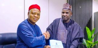 Permanent Secretary, General Services Office, Dr. Nnamdi Maurice Mbaeri, OON, FCA, NPOM, on his retirement from the Civil Service, hands over to Permanent Secretary, Special Services Office, Mohammed Sanusi Danjuma, FCNA, to oversee the General Services Office, Wednesday, 2nd July, 2025.