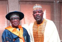 The Hon. Minister, Ministry of Regional Development, Engr. Abubakar Momoh being conferred with the prestigious "Excellent Leadership Award" and "Professional Doctorate Fellowship Award" by the Executive Secretary/ National Coordinator of the Institute of Professional Economists and Management Policy, Dr. Musa Aliu Yakub Okhumeode, in his Office, Abuja.