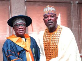 The Hon. Minister, Ministry of Regional Development, Engr. Abubakar Momoh being conferred with the prestigious "Excellent Leadership Award" and "Professional Doctorate Fellowship Award" by the Executive Secretary/ National Coordinator of the Institute of Professional Economists and Management Policy, Dr. Musa Aliu Yakub Okhumeode, in his Office, Abuja.