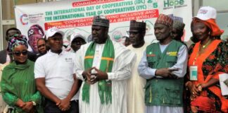 The Minister of State for Agriculture and Food Security, Sen Dr Aliyu Sabi Abdullahi ( C) and other stakeholders during the Commemoration of International Year of Cooperatives