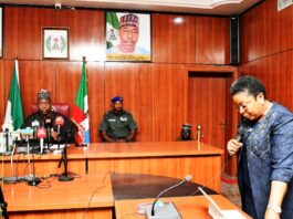 HCSF, Mrs Didi  Esther Walson-Jack, OON, mni delivering her speech during the courtesy visit to the Governor of Borno State, Prof.  Babagana Umara Zulum at the Government House, Maiduguri, Tuesday, 30th July, 2025