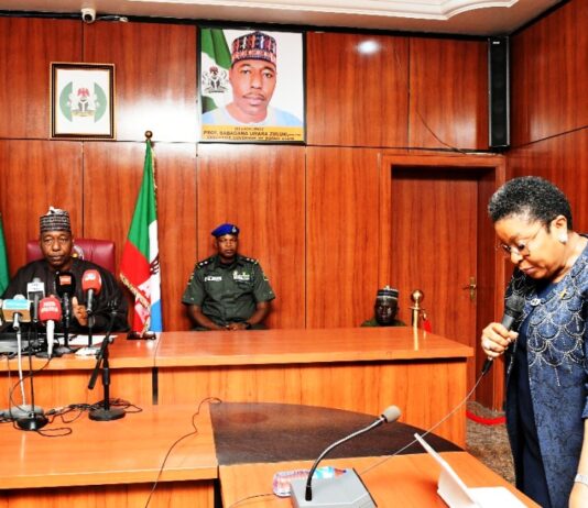 HCSF, Mrs Didi  Esther Walson-Jack, OON, mni delivering her speech during the courtesy visit to the Governor of Borno State, Prof.  Babagana Umara Zulum at the Government House, Maiduguri, Tuesday, 30th July, 2025