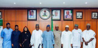 L-R: National Project Coordinator - HOPE Education; Dr. ‘Layi Olatawura, National Project Coordinator, HOPE PHC; Dr. Muntaqa Umar-Sadiq, Minister of Women Affairs; Hajiya Imaan Sulaiman-Ibrahim, The Coordinating Minister of Health and Social Welfare; Professor Muhammad Ali Pate, Minister of Budget and Economic Planning; Senator Abubakar Atiku Bagudu, Minister of Finance and the Coordinating Minister of the Economy; Mr. Wale Edun, Minister of Education; Dr. Maruf Tunji Alausa, Director of International Cooperation, Ministry of Budget and Economic Planning; Dr. Sampson Ebimaro, National Project Coordinator, HOPE Governance; Dr.Assad Hassan during the Inaugural Meeting of the Human Capital Opportunities for Prosperity and Equity Independent Series of Operations National Steering Committee at the Federal Ministry of Budget and Economic Planning on Monday, July 21, 2025.