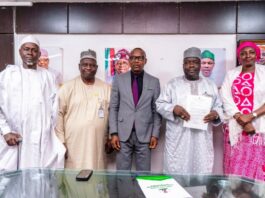 Left -Right: Hon. Ibrahim Jibrin Sokoto, former Board Chairman HRORBN: Dr. Salaudeen Jimoh mni, Director Hospital Services Department Federal Ministry of Health & Social Welfare: Hon. Minister of State for Health and Social Welfare, Dr Iziaq Adekunle Salako: Alhaji Babagana Mustapha, Registrar/CEO, HRORBN (holding his appointment letter) and, the Permanent Secretary FMOHSW, Daju Kachollom mni