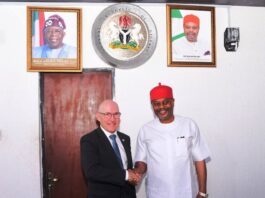 Hon. Minister of Innovation, Science and Technology, Chief Uche Geoffrey Nnaji (right), exchanging pleasantry with Executive Secretary Comprehensive Nuclear-Test-Ban Treaty Organization, Dr. Robert Floyd (left) during a Courtesy visit in his Office today.