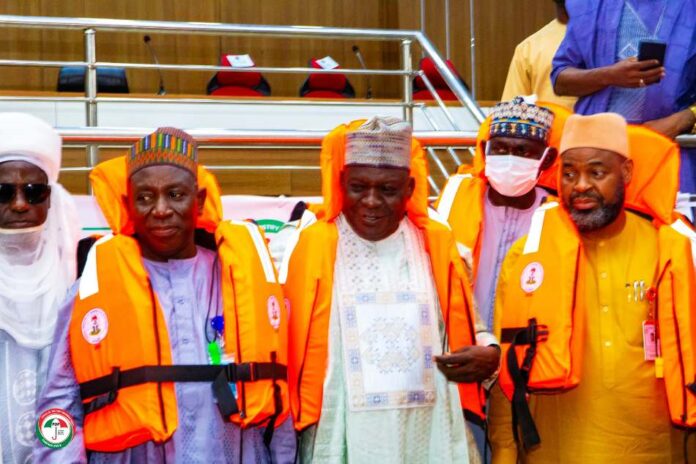 Life Jacket Distribution in Zamfara L-R: In life jackets, Assistant Director, Information & PR (rep. Honourable Minister, Federal Ministry of Marine and Blue Economy) Muhammad Zakari MFR, Deputy Governor, Zamfara State, Mani Mammuni, Secretary to the State Government, Zamfara State, Abubakar Nakwada at the official Handing over of life jackets, in Gusau, Thursday,10th July, 2025.