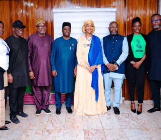 Hon. Minister FMACT&CE,Barr. Hannatu Musa Musawa, flanked by The Permanent Secretary, Dr Mukhtar Yawale Muhammad and the AFRIMA representatives at the inauguration of LOC for AFRIMA 2025.