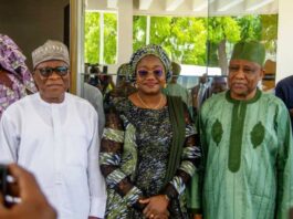 L-R: The Hon. Minister of Regional Development, Engr. Abubakar Momoh (left) the Permanent Secretary, Ministry of Regional Development, Dr. Mary Ada Ogbe (middle) and the MD NEDC, Dr. Muhammed G. Alkali during an interaction with the Management and Staff of NEDC in Maiduguri, Borno State.