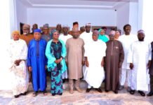 R-L the Honourable Minister, Regional Development Engr. Abubakar Momoh (3rd right) Borno State Governor, Rep. by the Deputy Governor, Gon. Dr. Umar Usman Kadafur (middle) to his (left) the Permanent Secretary, Regional Development, Dr. Mary Ada Ogbe and MD NEDC, Dr. Muhammed G. Alkali and other Top Management of the North East Development in a group photograph during a courtesy visit to Borno State Governor, Maigari, Borno State.