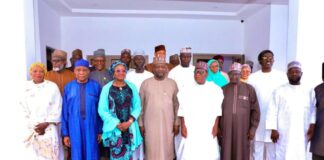 R-L the Honourable Minister, Regional Development Engr. Abubakar Momoh (3rd right) Borno State Governor, Rep. by the Deputy Governor, Gon. Dr. Umar Usman Kadafur (middle) to his (left) the Permanent Secretary, Regional Development, Dr. Mary Ada Ogbe and MD NEDC, Dr. Muhammed G. Alkali and other Top Management of the North East Development in a group photograph during a courtesy visit to Borno State Governor, Maigari, Borno State.