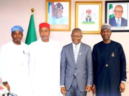 The Hon. Min. of State (Industry) , FMITI , Sen. John Owan Enoh (2nd right), the Perm. Sec. FMITI, Amb. Nura Abba Rimi, (1st right) the DG NADDC, Mr Joseph Osanipin (1st left) and the Chairman of the just Inaugurated Governing Board NADDC,Chief Emmanuel Eneukwu (2nd left), in a group photograph after the inauguration of the Governing Board of NADDC by the Hon. Min. of State (Industry)FMITI, on wednesday 23/07/25.