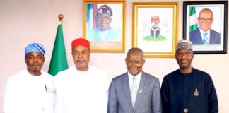 The Hon. Min. of State (Industry) , FMITI , Sen. John Owan Enoh (2nd right), the Perm. Sec. FMITI, Amb. Nura Abba Rimi, (1st right) the DG NADDC, Mr Joseph Osanipin (1st left) and the Chairman of the just Inaugurated Governing Board NADDC,Chief Emmanuel Eneukwu (2nd left), in a group photograph after the inauguration of the Governing Board of NADDC by the Hon. Min. of State (Industry)FMITI, on wednesday 23/07/25.