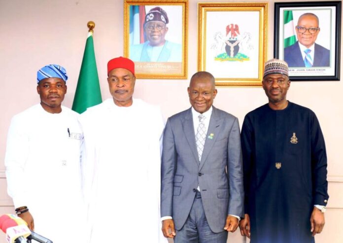 NADDC Governing Board The Hon. Min. of State (Industry) , FMITI , Sen. John Owan Enoh (2nd right), the Perm. Sec. FMITI, Amb. Nura Abba Rimi, (1st right) the DG NADDC, Mr Joseph Osanipin (1st left) and the Chairman of the just Inaugurated Governing Board NADDC,Chief Emmanuel Eneukwu (2nd left), in a group photograph after the inauguration of the Governing Board of NADDC by the Hon. Min. of State (Industry)FMITI, on wednesday 23/07/25.