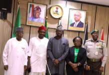 L-R: Secretary to CDCFIB, Maj. Gen. Abdulmalik Jibrin (Rtd); Chairman House of Representatives Committee on Reformatory Institutions Hon. Chinedu N. Ogah, Minister of Interior, Dr. Olubunmi Tunji-Ojo; Permanent Secretary, Ministry of Interior, Dr. Magdalene Ajani and the CG Correctional Service Sylvester N. Nwakuche during the Courtesy visit in Abuja.