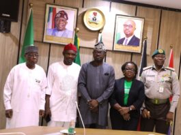 L-R: Secretary to CDCFIB, Maj. Gen. Abdulmalik Jibrin (Rtd); Chairman House of Representatives Committee on Reformatory Institutions Hon. Chinedu N. Ogah, Minister of Interior, Dr. Olubunmi Tunji-Ojo; Permanent Secretary, Ministry of Interior, Dr. Magdalene Ajani and the CG Correctional Service Sylvester N. Nwakuche during the Courtesy visit in Abuja.