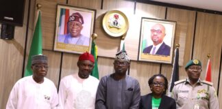 L-R: Secretary to CDCFIB, Maj. Gen. Abdulmalik Jibrin (Rtd); Chairman House of Representatives Committee on Reformatory Institutions Hon. Chinedu N. Ogah, Minister of Interior, Dr. Olubunmi Tunji-Ojo; Permanent Secretary, Ministry of Interior, Dr. Magdalene Ajani and the CG Correctional Service Sylvester N. Nwakuche during the Courtesy visit in Abuja.