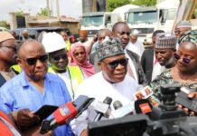 The Minister, Regional Development, Engr. Abubakar Momoh, (middle), addressing news men during a working visit to Borno State on his impression of NEDC projects in the State.