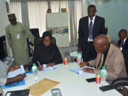 PICTORIAL: Here, Engr Prof Linus Asuquo, Director General/ Chief Executive, National Metallurgical Development Centre (NMDC), Jos and Prof Sa'adatu Liman Hassan, Vice Chancellor, Nasarawa State University (NSUK), Keffi, signed Memorandum of Agreement (MOA) recently at the university's Liaison Office, Asokoro, Abuja.