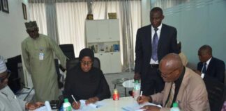 PICTORIAL: Here, Engr Prof Linus Asuquo, Director General/ Chief Executive, National Metallurgical Development Centre (NMDC), Jos and Prof Sa'adatu Liman Hassan, Vice Chancellor, Nasarawa State University (NSUK), Keffi, signed Memorandum of Agreement (MOA) recently at the university's Liaison Office, Asokoro, Abuja.