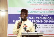 The Permanent Secretary Federal Ministry of Health & Social Welfare Daju Kachollom mni, represented by Dr. Dogara Okara Senior Technical Assistant to the Permanent Secretary, delivering the keynote address during the opening ceremony of the Inauguration & Inception of the National Technical Working Group on Front - of- Pack Labelling programme - organized by the Food & Drug Services Department of Federal Ministry of Health & Social Welfare.