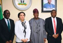 The Minister of Finance and Coordinating Minister of the Economy, Mr. Wale Edun (3rd left) and the Minister of State for Finance, Dr. Doris Uzoka-Anite pose for a group photo with the newly appointed MD/CEO Nigeria Deposit Insurance Corporation (NDIC), Mr. Thompson Oludare Sunday (1st left) and Executive Director (Operations) NDIC, Dr. Kabir Sabo Katata (1st right) during their inauguration as the new NDIC Management by the Honourable Minister in Abuja.