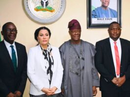 The Minister of Finance and Coordinating Minister of the Economy, Mr. Wale Edun (3rd left) and the Minister of State for Finance, Dr. Doris Uzoka-Anite pose for a group photo with the newly appointed MD/CEO Nigeria Deposit Insurance Corporation (NDIC), Mr. Thompson Oludare Sunday (1st left) and Executive Director (Operations) NDIC, Dr. Kabir Sabo Katata (1st right) during their inauguration as the new NDIC Management by the Honourable Minister in Abuja.