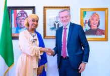 Honourable Minister of Arts, Culture, Tourism and the Creative Economy, Barr. Hannatu Musa Musawa, in a handshake with the European Union Ambassador to Nigeria and ECOWAS, Ambassador Gautier Mignot, during a courtesy visit to the Ministry in Abuja. 10th July 2025