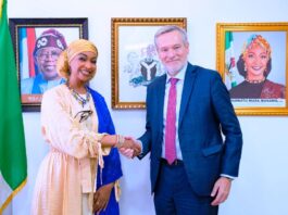 Honourable Minister of Arts, Culture, Tourism and the Creative Economy, Barr. Hannatu Musa Musawa, in a handshake with the European Union Ambassador to Nigeria and ECOWAS, Ambassador Gautier Mignot, during a courtesy visit to the Ministry in Abuja. 10th July 2025