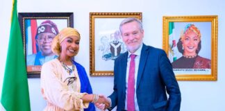 Honourable Minister of Arts, Culture, Tourism and the Creative Economy, Barr. Hannatu Musa Musawa, in a handshake with the European Union Ambassador to Nigeria and ECOWAS, Ambassador Gautier Mignot, during a courtesy visit to the Ministry in Abuja. 10th July 2025