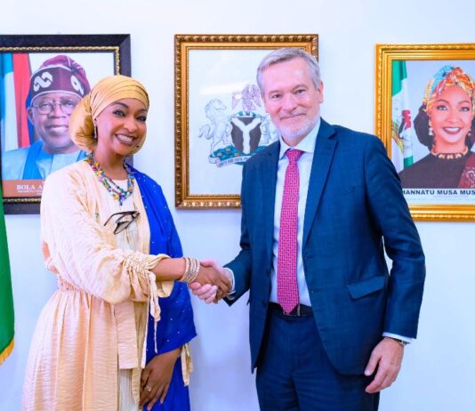 Honourable Minister of Arts, Culture, Tourism and the Creative Economy, Barr. Hannatu Musa Musawa, in a handshake with the European Union Ambassador to Nigeria and ECOWAS, Ambassador Gautier Mignot, during a courtesy visit to the Ministry in Abuja. 10th July 2025