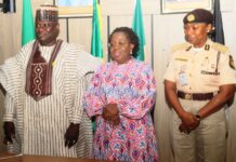 L-R: Permanent Secretary Federal Ministry of Aviation and Aerospace Development, Dr. Ibrahim Abubakar Kana mni; Permanent Secretary Federal Ministry of Interior, Dr. Magdalene Ajani and Comptroller General Nigeria Immigration Service, Kemi Nandap at the Event
