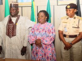 L-R: Permanent Secretary Federal Ministry of Aviation and Aerospace Development, Dr. Ibrahim Abubakar Kana mni; Permanent Secretary Federal Ministry of Interior, Dr. Magdalene Ajani and Comptroller General Nigeria Immigration Service, Kemi Nandap at the Event