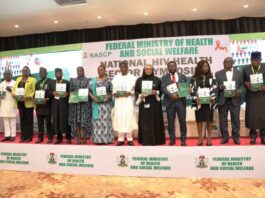 Launch of the National HIV Policy Documents by the Representative of the First Lady Senator Oluremi Tinubu CON, represented by the Minister of Women Affairs Hajiya Imaan Suleiman-Ibrahim (Middle). To her right: Dr. Iziaq Adekunle Salako Honourable Minister of State for Health & Social Welfare; To her left: Dr. Adebobola Bashorun Director & National Coordinator HIV/AIDS, Viral Hepatitis And STIs Control Programme NASCP, Federal Ministry of Health & Social Welfare. With other major stakeholders and International Partners.