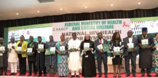 Launch of the National HIV Policy Documents by the Representative of the First Lady Senator Oluremi Tinubu CON, represented by the Minister of Women Affairs Hajiya Imaan Suleiman-Ibrahim (Middle). To her right: Dr. Iziaq Adekunle Salako Honourable Minister of State for Health & Social Welfare; To her left: Dr. Adebobola Bashorun Director & National Coordinator HIV/AIDS, Viral Hepatitis And STIs Control Programme NASCP, Federal Ministry of Health & Social Welfare. With other major stakeholders and International Partners.