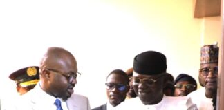 L-R: The Minister of Interior, Dr. Olubunmi Tunji-Ojo and the Minister of Water Resources, Professor Joseph Utsev during the Commissioning of the Ministry of Interior Passport Front office