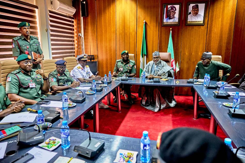 The Chief of Defence Staff, General Christopher Musa and his team during the courtesy visit to the Minister of State Regional Development Uba Maigari Ahmad, in Abuja.