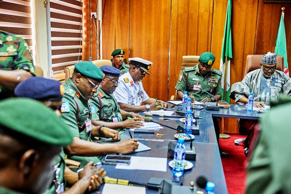 The Chief of Defence Staff, General Christopher Musa and his team during the courtesy visit to the Minister of State Regional Development Uba Maigari Ahmad, in Abuja.