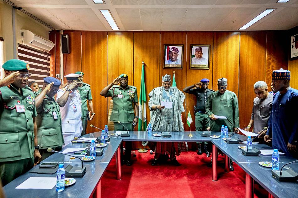 The Chief of Defence Staff, General Christopher Musa and his team during the courtesy visit to the Minister of State Regional Development Uba Maigari Ahmad, in Abuja.