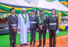 L-R: Graduand Ibrahim Isaac, Representative of Minister of Police Affairs, Mr. Ibrahim Mohammed (Director of Police Services), Best Graduating student, Ibrahim Halima Ogbadu, Commissioner of Police, Federal Capital Territory (FCT), CP Ajao Saka Adewale, and Graduand Atebo Joy Enyo’Ojo during the 1st Graduation Ceremony and Passing Out Parade of the 2024/25 academic session of the Police Day Secondary School Abuja, held at the School Sports Ground in Abuja.