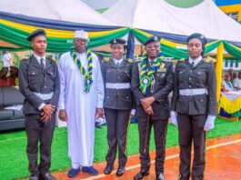 L-R: Graduand Ibrahim Isaac, Representative of Minister of Police Affairs, Mr. Ibrahim Mohammed (Director of Police Services), Best Graduating student, Ibrahim Halima Ogbadu, Commissioner of Police, Federal Capital Territory (FCT), CP Ajao Saka Adewale, and Graduand Atebo Joy Enyo’Ojo during the 1st Graduation Ceremony and Passing Out Parade of the 2024/25 academic session of the Police Day Secondary School Abuja, held at the School Sports Ground in Abuja.