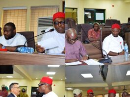 Top Left: Hon. Enefe Ekene and Hon. (Barr.) Matthew A. Egharhevwa; Top Right: A cros-section of representatives of the Host communities; Bottom Left: Hon. Enefe and Representative of SEEPCO, Rajander Bhangara; Bottom Right: Hon. Enefe and memeber of the host communities.
