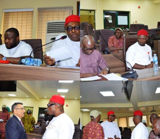 Top Left: Hon. Enefe Ekene and Hon. (Barr.) Matthew A. Egharhevwa; Top Right: A cros-section of representatives of the Host communities; Bottom Left: Hon. Enefe and Representative of SEEPCO, Rajander Bhangara; Bottom Right: Hon. Enefe and memeber of the host communities.