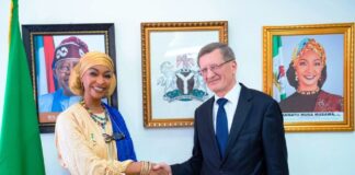 Honourable Minister of Art, Culture, Tourism and the Creative Economy, Barr. Hannatu Musa Musawa, with Ambassador A.L. Podelyshev, Ambassador Extraordinary and Plenipotentiary of the Russian Federation to Nigeria, during a courtesy visit to the Ministry in Abuja to discuss strengthening cultural ties and exploring areas of collaboration between Nigeria and Russia. 10th July 2025