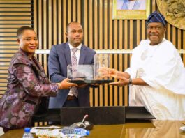 Secretary to the Government of the Federation, Sen. George Akume, fnim, CON, receives in audience delegation from Afreximbank led by its Managing Director, Export Development, Mrs. Oluranti Doherty in company of the CEO of African Medical Centre of Excellence (AMCE), Brian Deaver, on Thursday, 3rd July, 2025 in Abuja