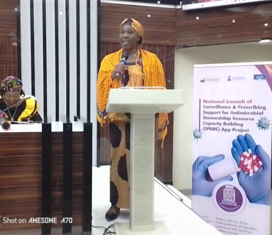 "Nigeria Go Live on SPARC App" Programme: Representing the Honourable Coordinating Minister of Health and Social Welfare, Pharmacist Mrs. Olubunmi Aribeana Director Food & Drug Services Department of the FMoHSW. reading the Keynote address of Professor Muhammad Ali Pate CON, during the Launching ceremony inside the Auditorium Hall, Federal Ministry of Education.