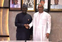 L-R, the Minister of State for Agriculture and Food Security, Sen Dr Aliyu Sabi Abdullahi and Executive Secretary, CILSS, Abdoulaye Mahamadou during the couresty visit.