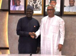 L-R, the Minister of State for Agriculture and Food Security, Sen Dr Aliyu Sabi Abdullahi and Executive Secretary, CILSS, Abdoulaye Mahamadou during the couresty visit.