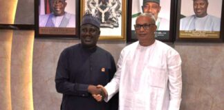 L-R, the Minister of State for Agriculture and Food Security, Sen Dr Aliyu Sabi Abdullahi and Executive Secretary, CILSS, Abdoulaye Mahamadou during the couresty visit.
